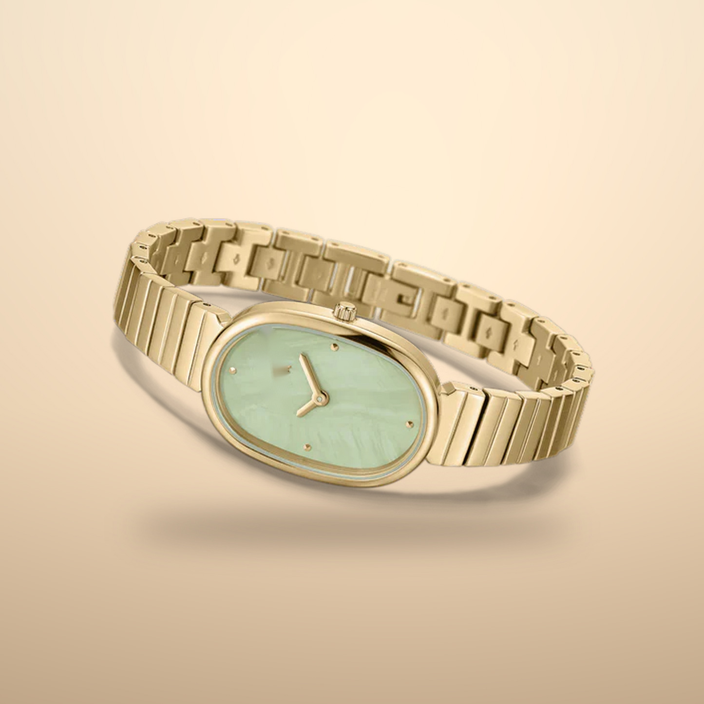 35mm Oval Quartz Watch with Red Pearl-Effect Dial and Warm-Tone Bracelet