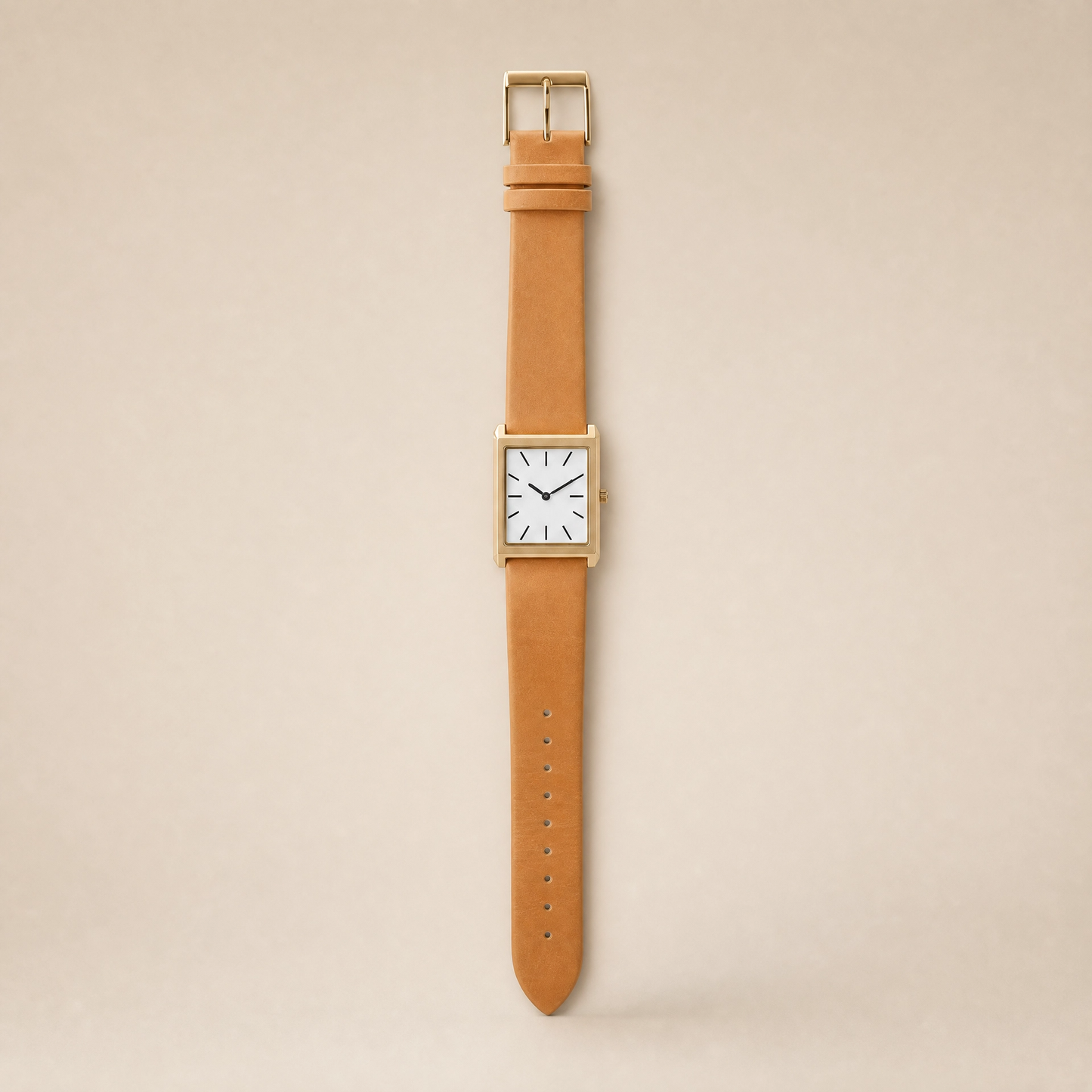 26mm Rectangular Quartz Watch with Brown Leather Strap and Warm-Tone Case