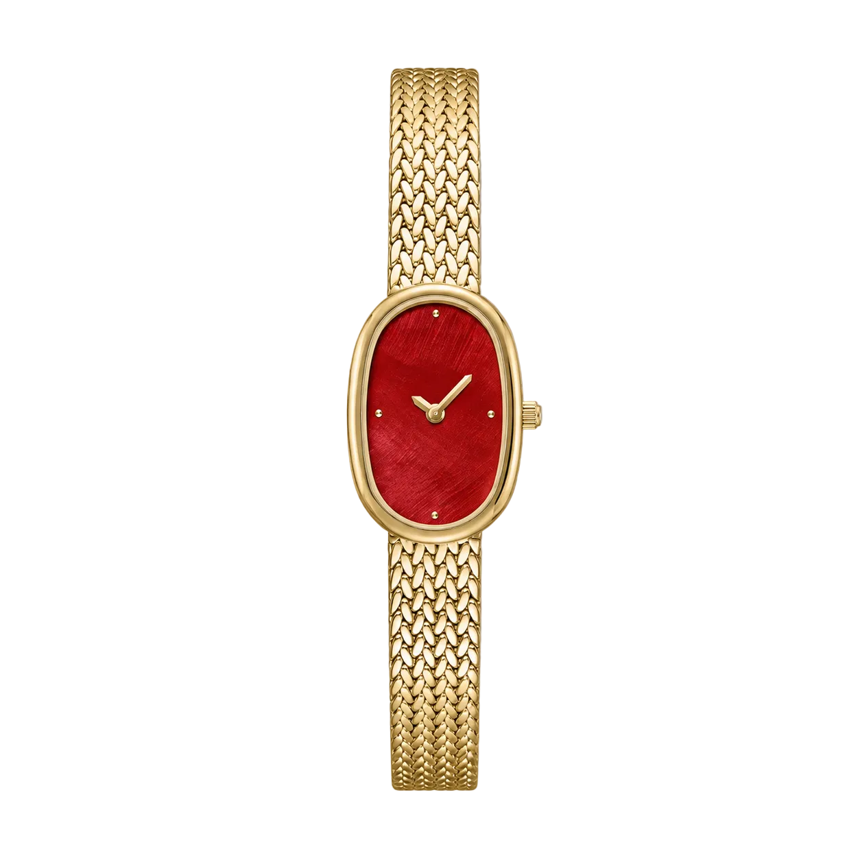 18mm Oval Quartz Watch with Red Dial and Warm-Tone Mesh Bracelet