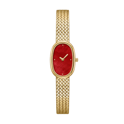 18mm Oval Quartz Watch with Red Dial and Warm-Tone Mesh Bracelet