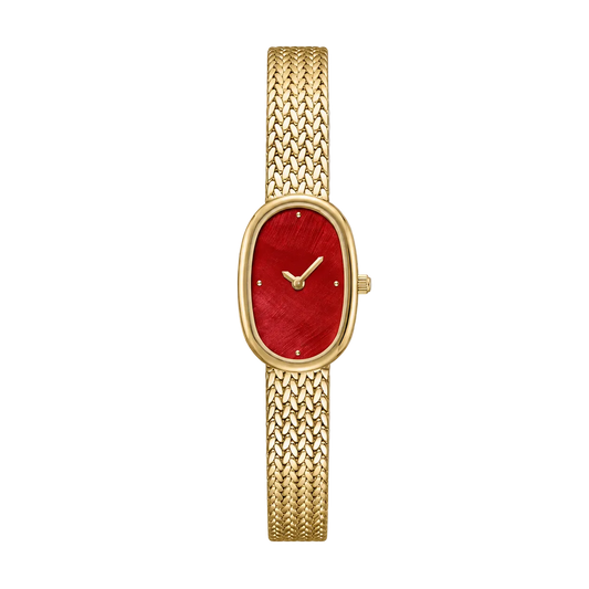 18mm Oval Quartz Watch with Red Dial and Warm-Tone Mesh Bracelet