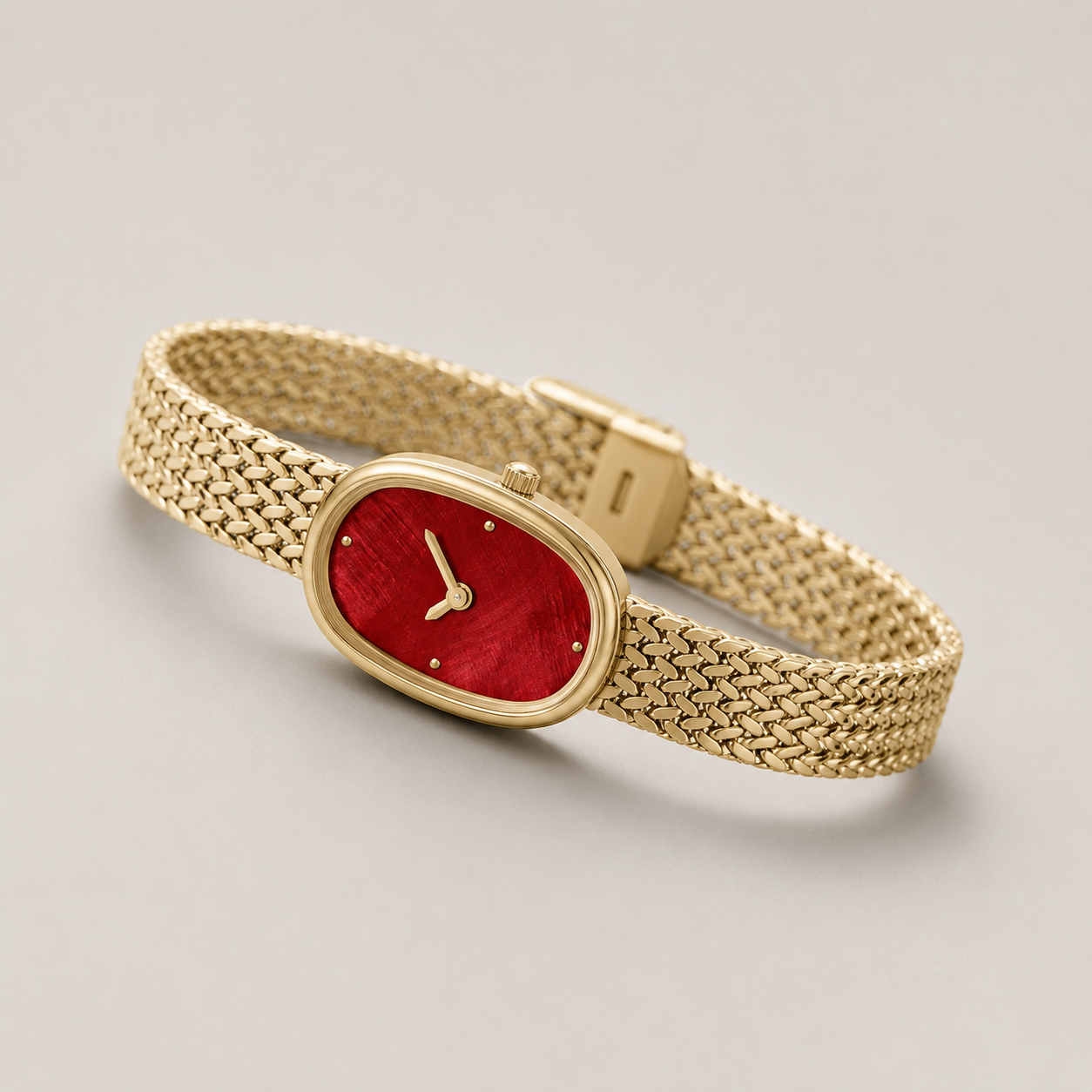 18mm Oval Quartz Watch with Red Dial and Warm-Tone Mesh Bracelet