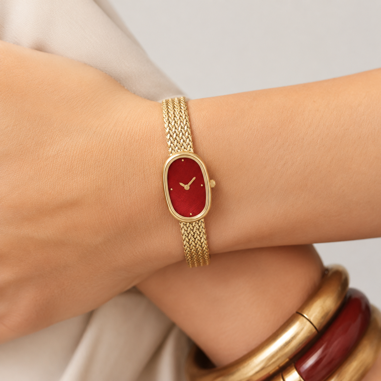 18mm Oval Quartz Watch with Red Dial and Warm-Tone Mesh Bracelet