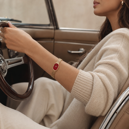 18mm Oval Quartz Watch with Red Dial and Warm-Tone Mesh Bracelet