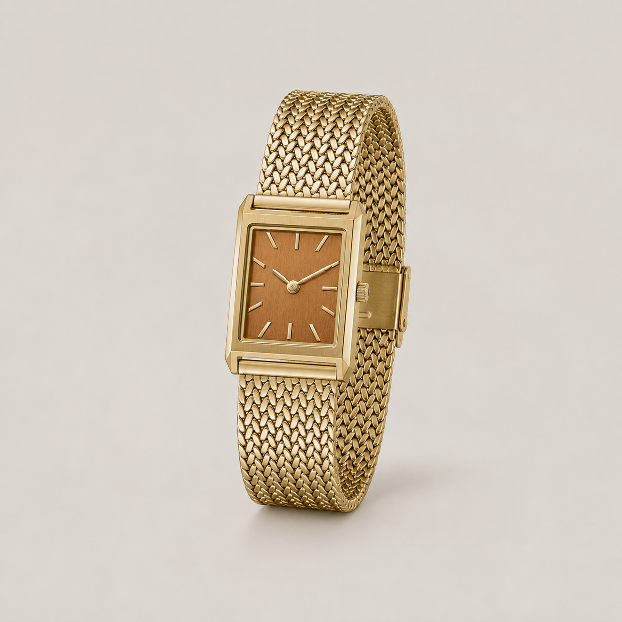 20mm Rectangular Quartz Watch with Brown Brushed Dial and Warm-Tone Mesh Bracelet