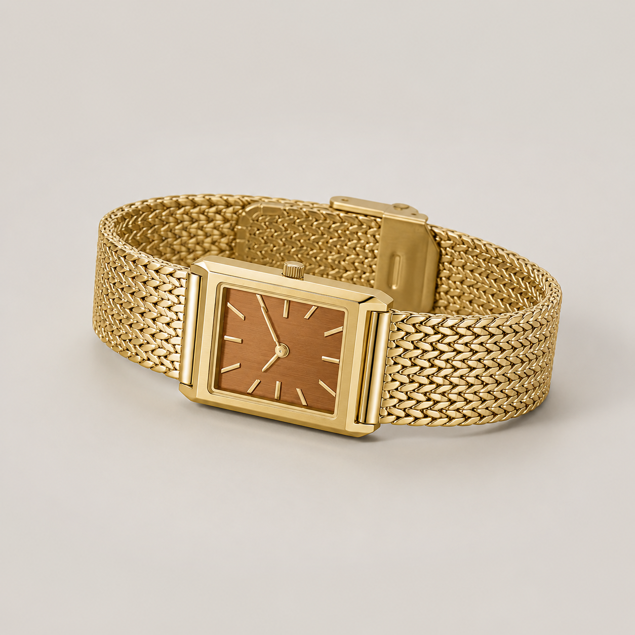 20mm Rectangular Quartz Watch with Brown Brushed Dial and Warm-Tone Mesh Bracelet