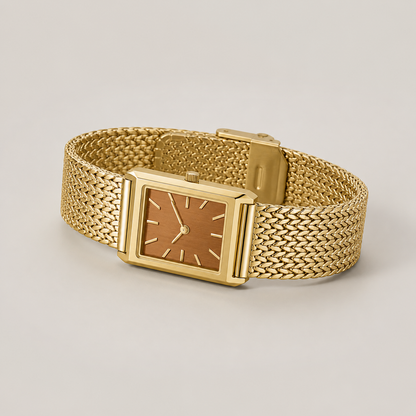 20mm Rectangular Quartz Watch with Brown Brushed Dial and Warm-Tone Mesh Bracelet