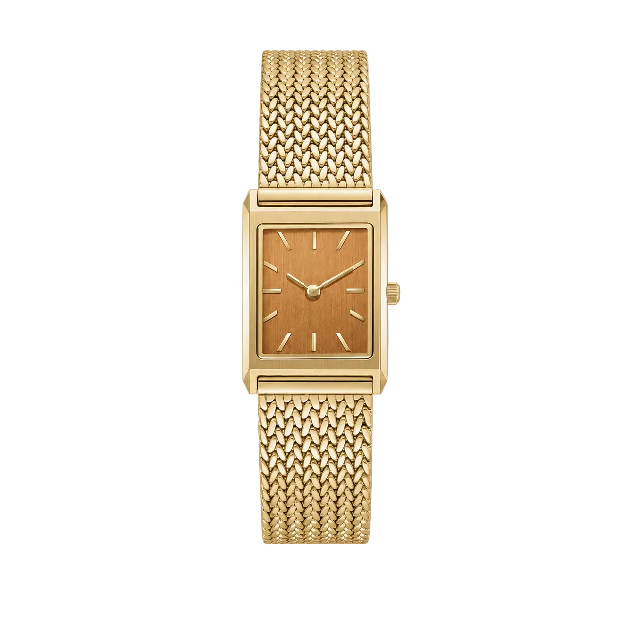 20mm Rectangular Quartz Watch with Brown Brushed Dial and Warm-Tone Mesh Bracelet