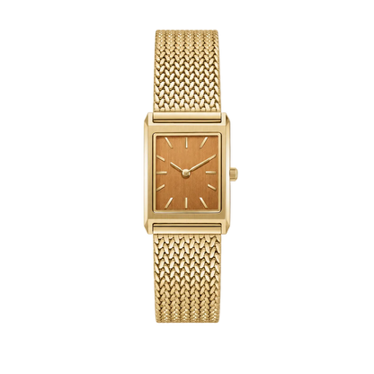 20mm Rectangular Quartz Watch with Brown Brushed Dial and Warm-Tone Mesh Bracelet