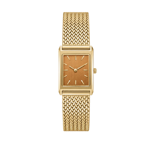 20mm Rectangular Quartz Watch with Brown Brushed Dial and Warm-Tone Mesh Bracelet