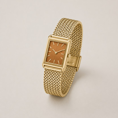 20mm Rectangular Quartz Watch with Brown Brushed Dial and Warm-Tone Mesh Bracelet
