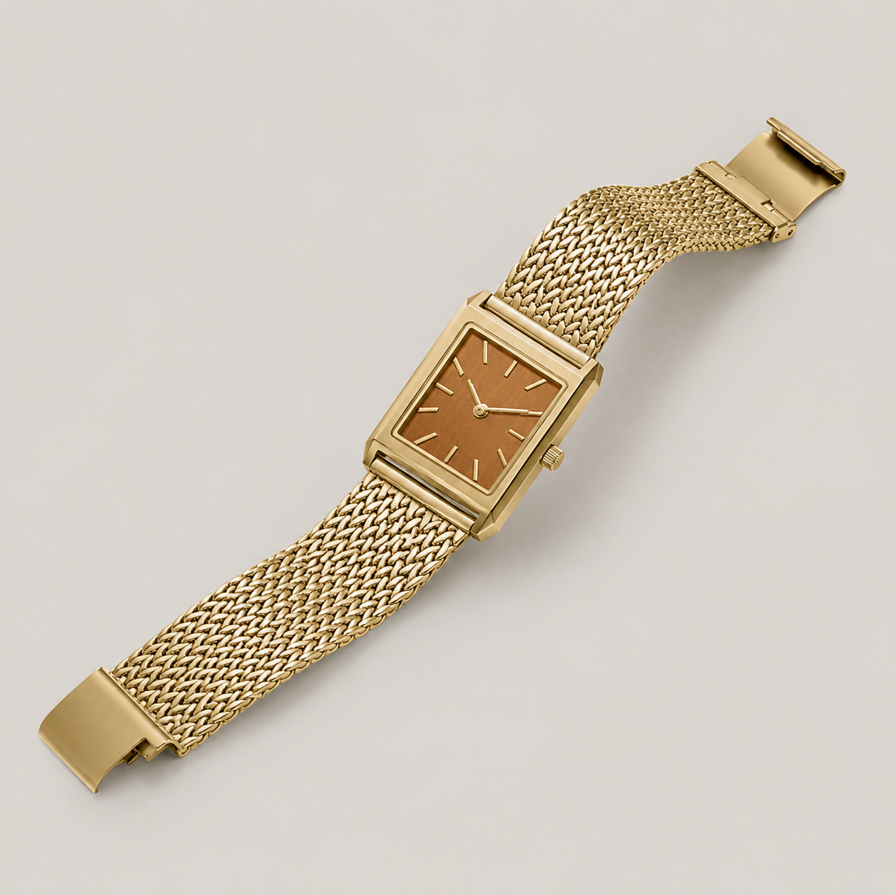 20mm Rectangular Quartz Watch with Brown Brushed Dial and Warm-Tone Mesh Bracelet