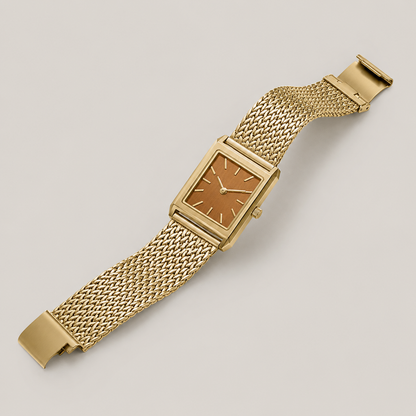 20mm Rectangular Quartz Watch with Brown Brushed Dial and Warm-Tone Mesh Bracelet