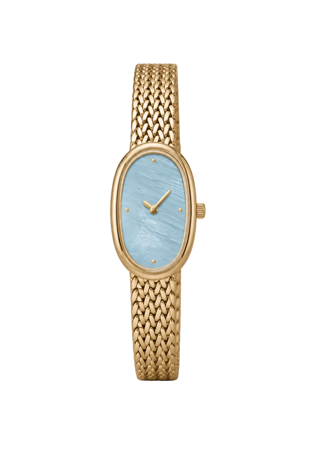 18mm Rectangular Quartz Watch with Cool Pearl-Effect Dial and Warm-Tone Mesh Bracelet