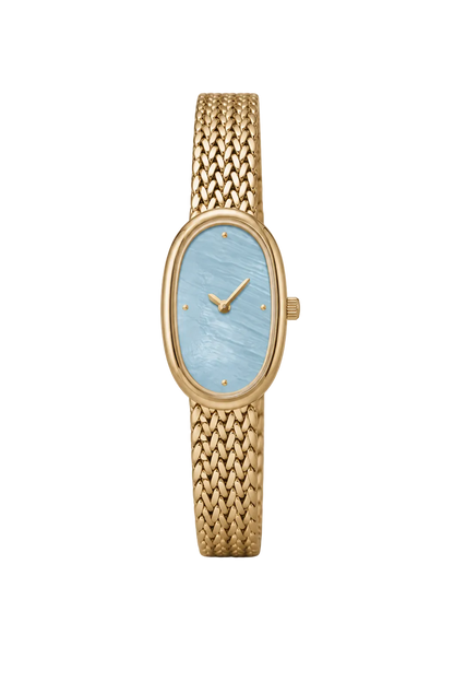 18mm Rectangular Quartz Watch with Cool Pearl-Effect Dial and Warm-Tone Mesh Bracelet