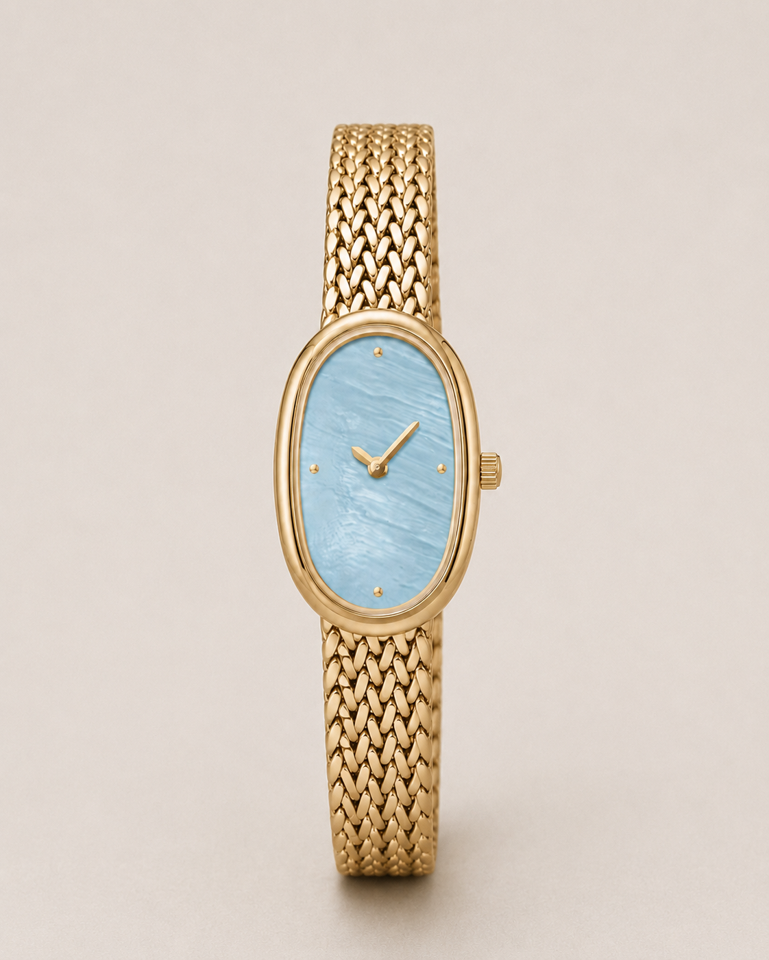18mm Rectangular Quartz Watch with Cool Pearl-Effect Dial and Warm-Tone Mesh Bracelet