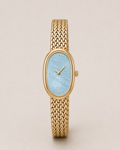 18mm Rectangular Quartz Watch with Cool Pearl-Effect Dial and Warm-Tone Mesh Bracelet