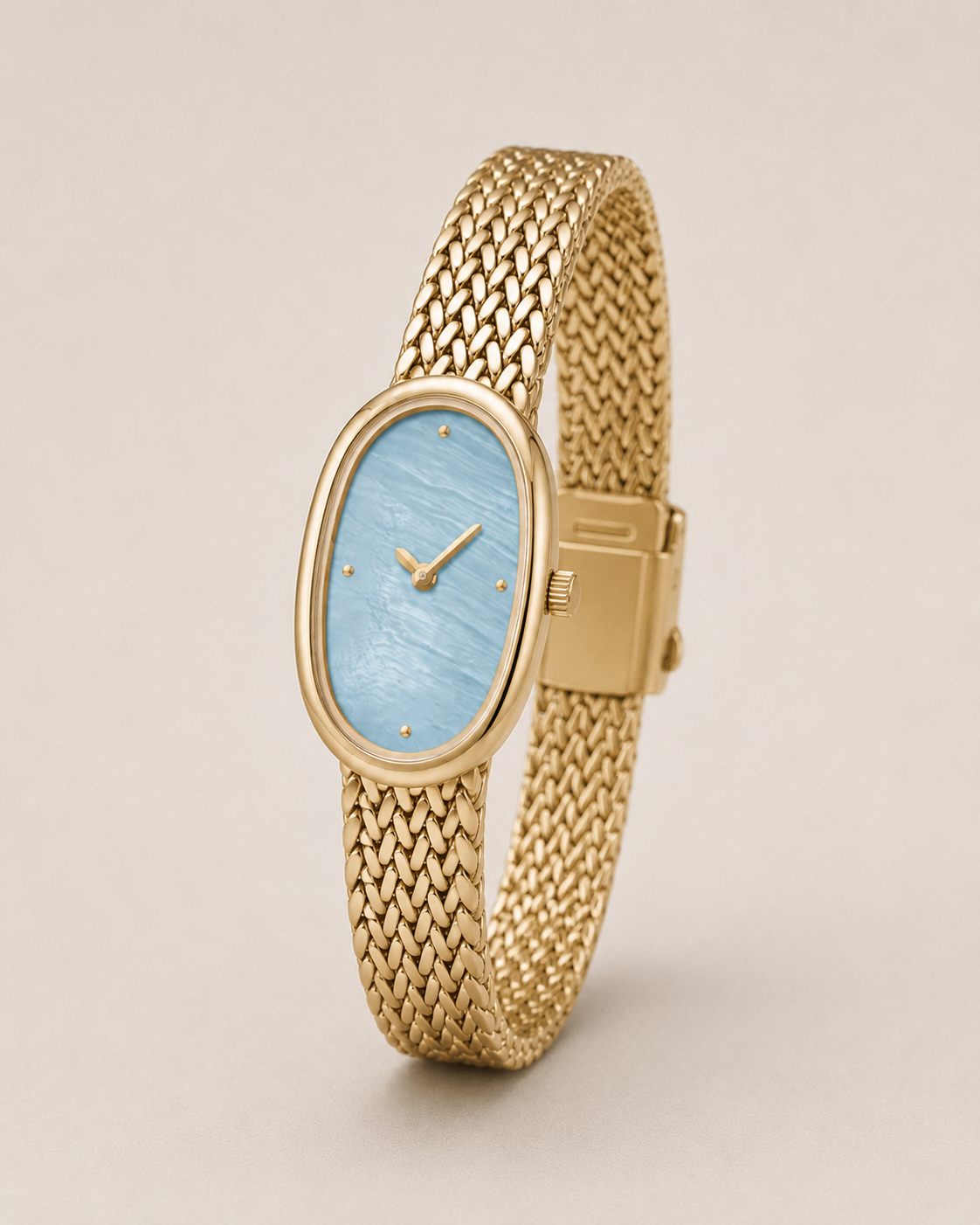 18mm Rectangular Quartz Watch with Cool Pearl-Effect Dial and Warm-Tone Mesh Bracelet