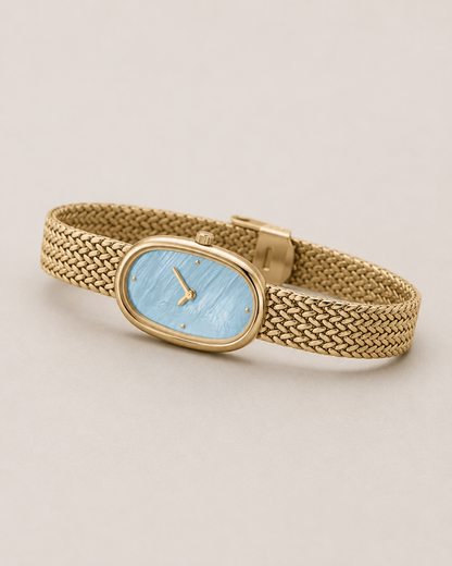 18mm Rectangular Quartz Watch with Cool Pearl-Effect Dial and Warm-Tone Mesh Bracelet
