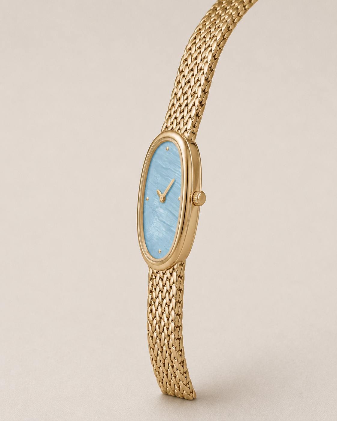 18mm Rectangular Quartz Watch with Cool Pearl-Effect Dial and Warm-Tone Mesh Bracelet