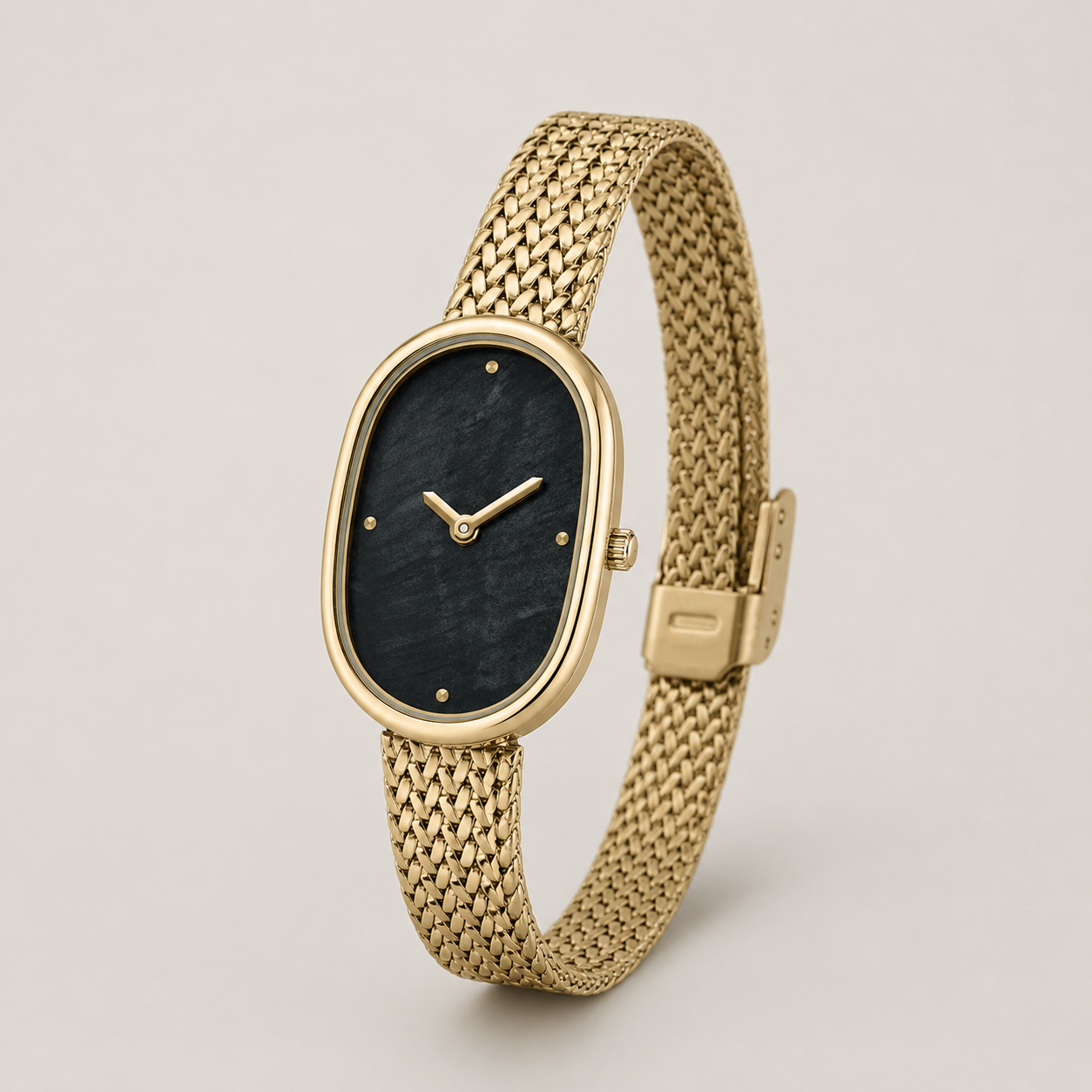 18mm Rectangular Quartz Watch with Dark Pearl-Effect Dial and Silver-Tone Mesh Bracelet