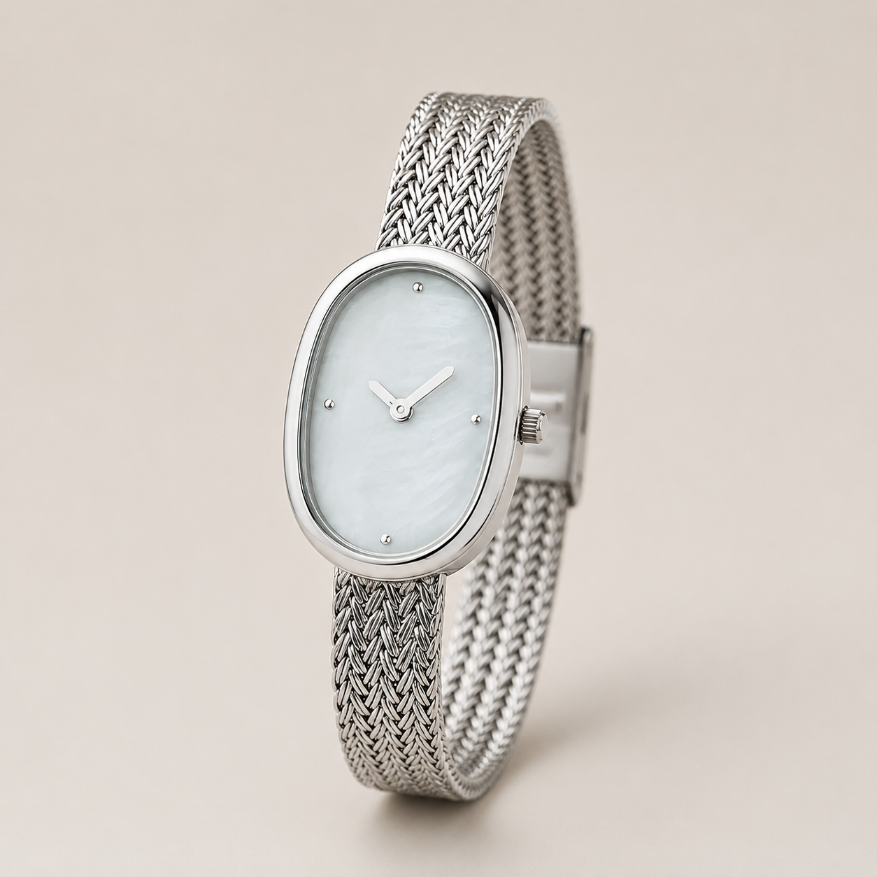 18mm Oval Quartz Watch with Light Pearl-Effect Dial and Silver-Tone Bracelet