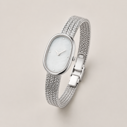 23mm Oval Quartz Watch with Red Pearl-Effect Dial and Mesh Bracelet
