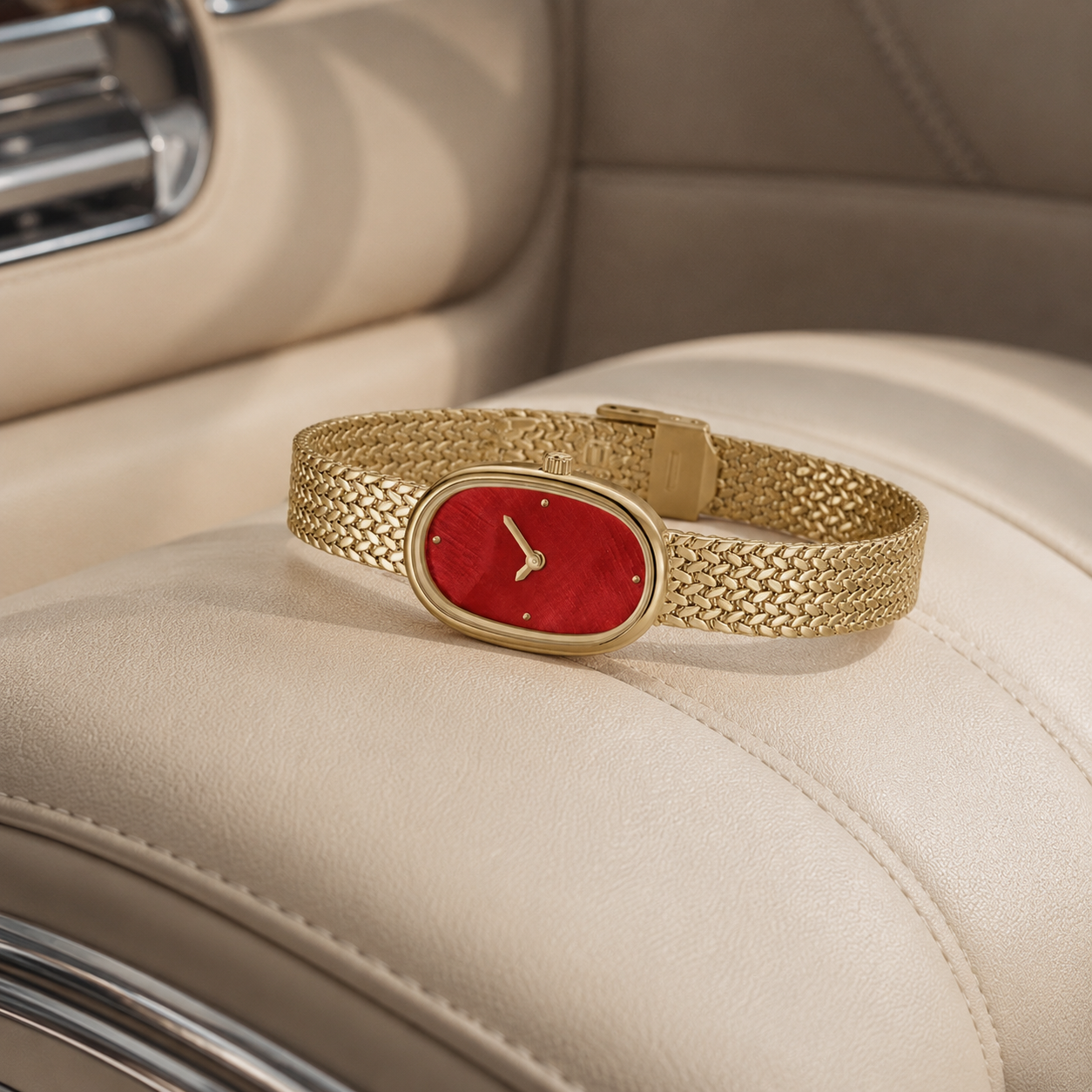 18mm Oval Quartz Watch with Red Dial and Warm-Tone Mesh Bracelet