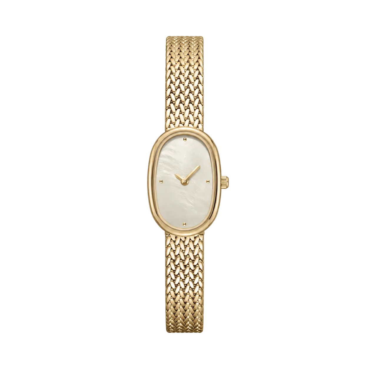 18mm Rectangular Quartz Watch with Red Pearl-Effect Dial and Warm-Tone Mesh Bracelet