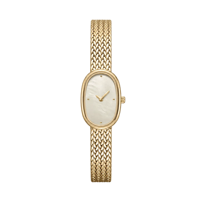 18mm Rectangular Quartz Watch with Red Pearl-Effect Dial and Warm-Tone Mesh Bracelet