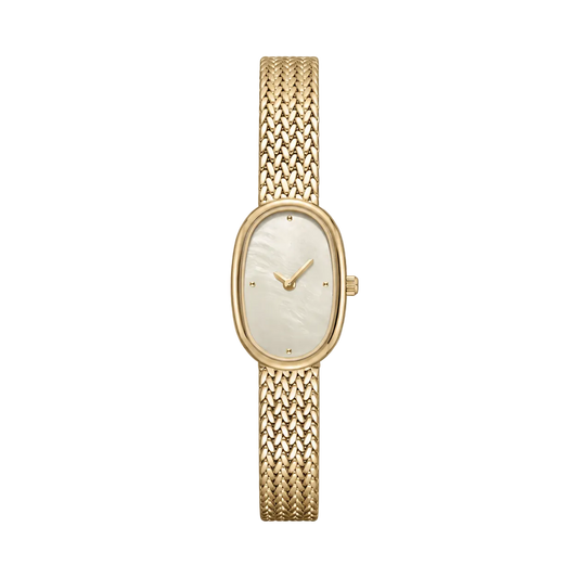 18mm Rectangular Quartz Watch with Red Pearl-Effect Dial and Warm-Tone Mesh Bracelet