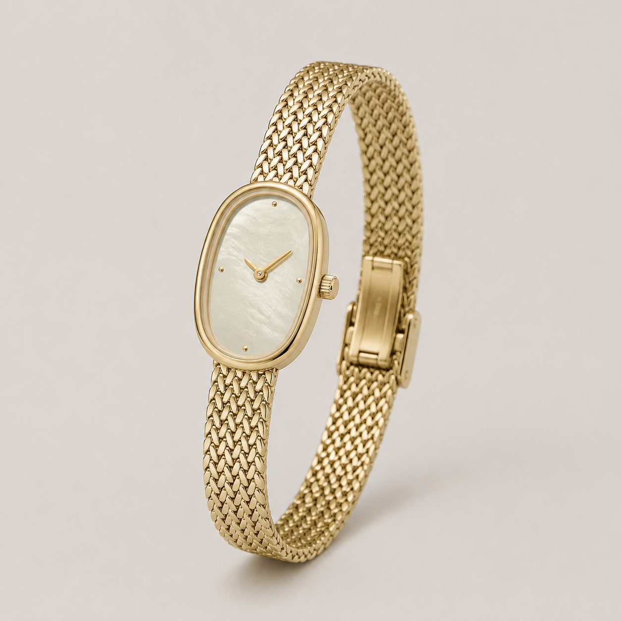 18mm Rectangular Quartz Watch with Red Pearl-Effect Dial and Warm-Tone Mesh Bracelet