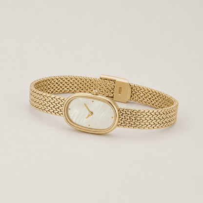 18mm Rectangular Quartz Watch with Red Pearl-Effect Dial and Warm-Tone Mesh Bracelet