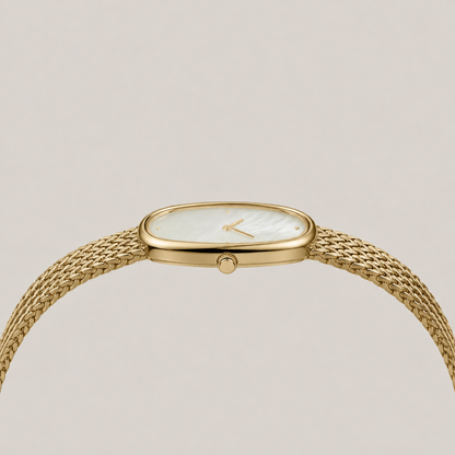 18mm Rectangular Quartz Watch with Red Pearl-Effect Dial and Warm-Tone Mesh Bracelet