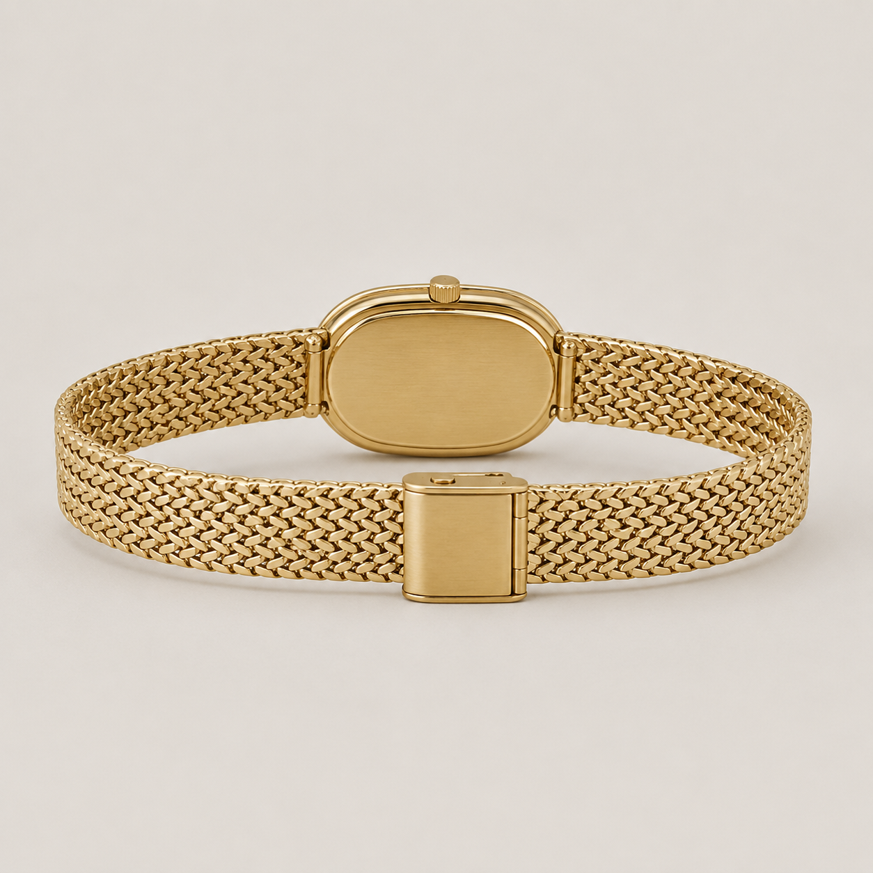 18mm Rectangular Quartz Watch with Red Pearl-Effect Dial and Warm-Tone Mesh Bracelet