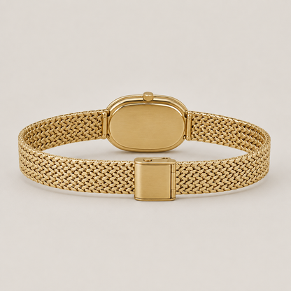 18mm Rectangular Quartz Watch with Red Pearl-Effect Dial and Warm-Tone Mesh Bracelet