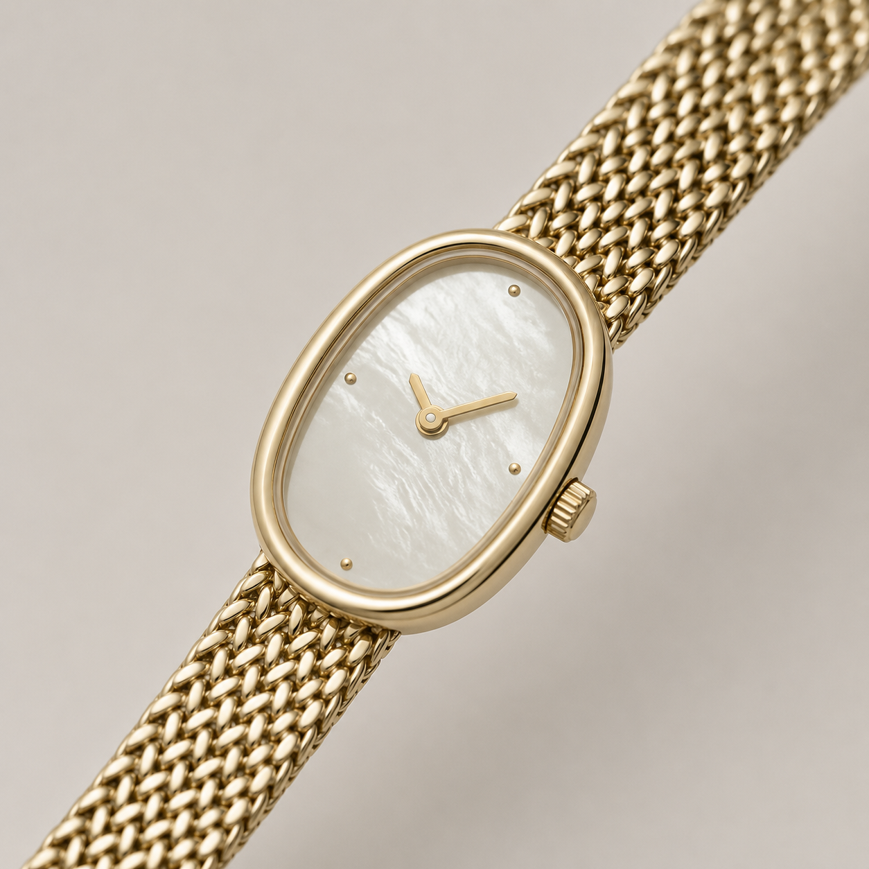 18mm Rectangular Quartz Watch with Red Pearl-Effect Dial and Warm-Tone Mesh Bracelet