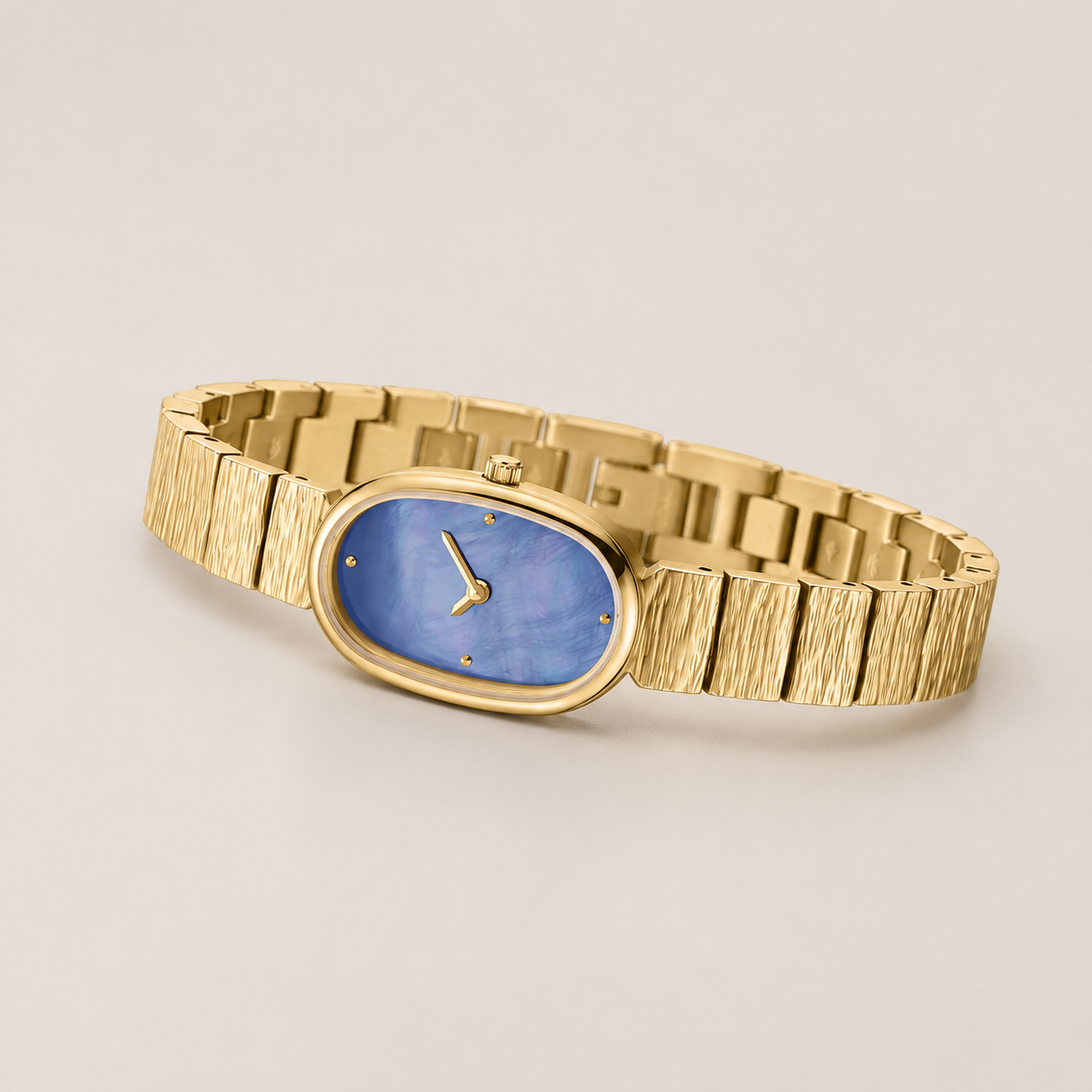 18mm Oval Quartz Watch with Cool Pearl-Effect Dial and Warm-Tone Bracelet