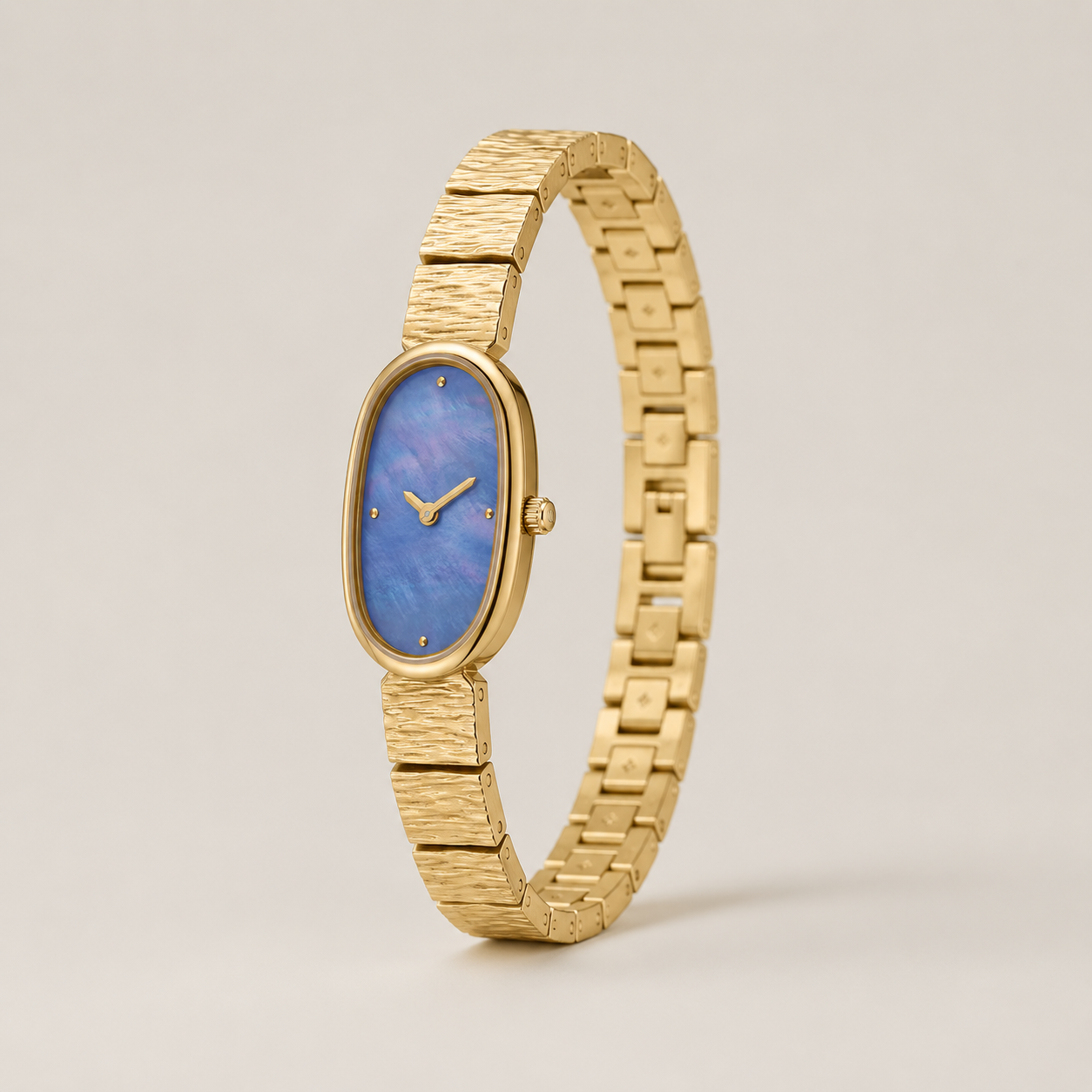 18mm Oval Quartz Watch with Cool Pearl-Effect Dial and Warm-Tone Bracelet