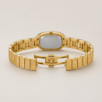 18mm Oval Quartz Watch with Cool Pearl-Effect Dial and Warm-Tone Bracelet