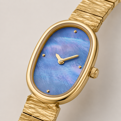 18mm Oval Quartz Watch with Cool Pearl-Effect Dial and Warm-Tone Bracelet