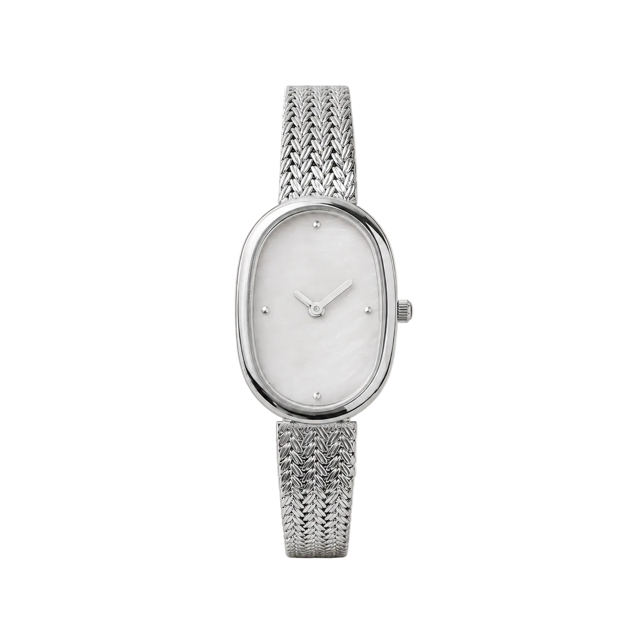 23mm Oval Quartz Watch with Red Pearl-Effect Dial and Mesh Bracelet