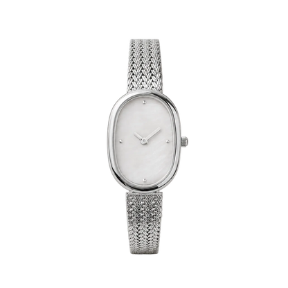 23mm Oval Quartz Watch with Red Pearl-Effect Dial and Mesh Bracelet