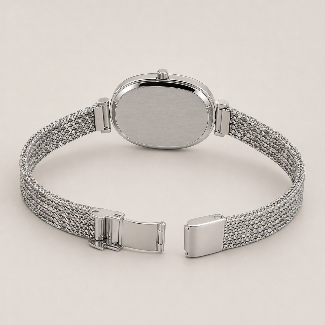 18mm Oval Quartz Watch with Light Pearl-Effect Dial and Silver-Tone Bracelet