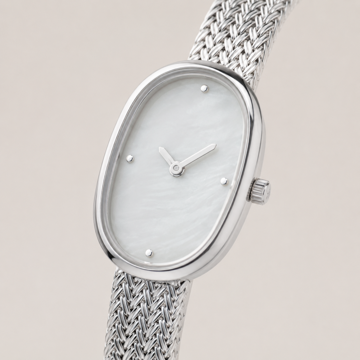 18mm Oval Quartz Watch with Light Pearl-Effect Dial and Silver-Tone Bracelet