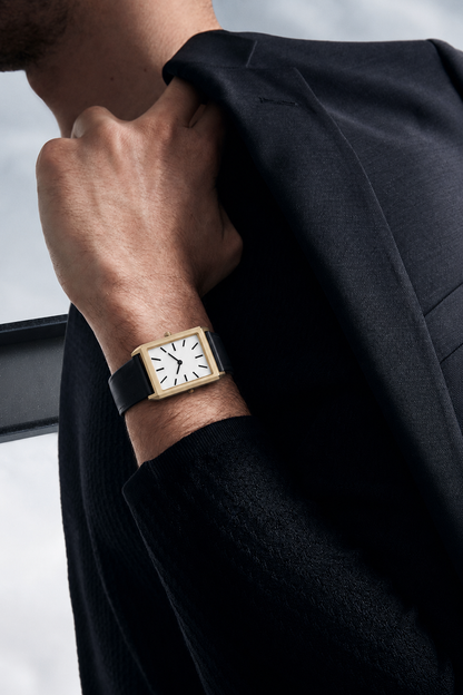26mm Rectangular Quartz Watch with Black Leather Strap and Warm-Tone Case