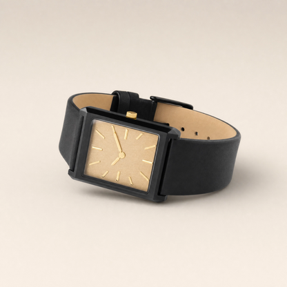 26mm Rectangular Quartz Watch with Black Leather Strap and Light Dial