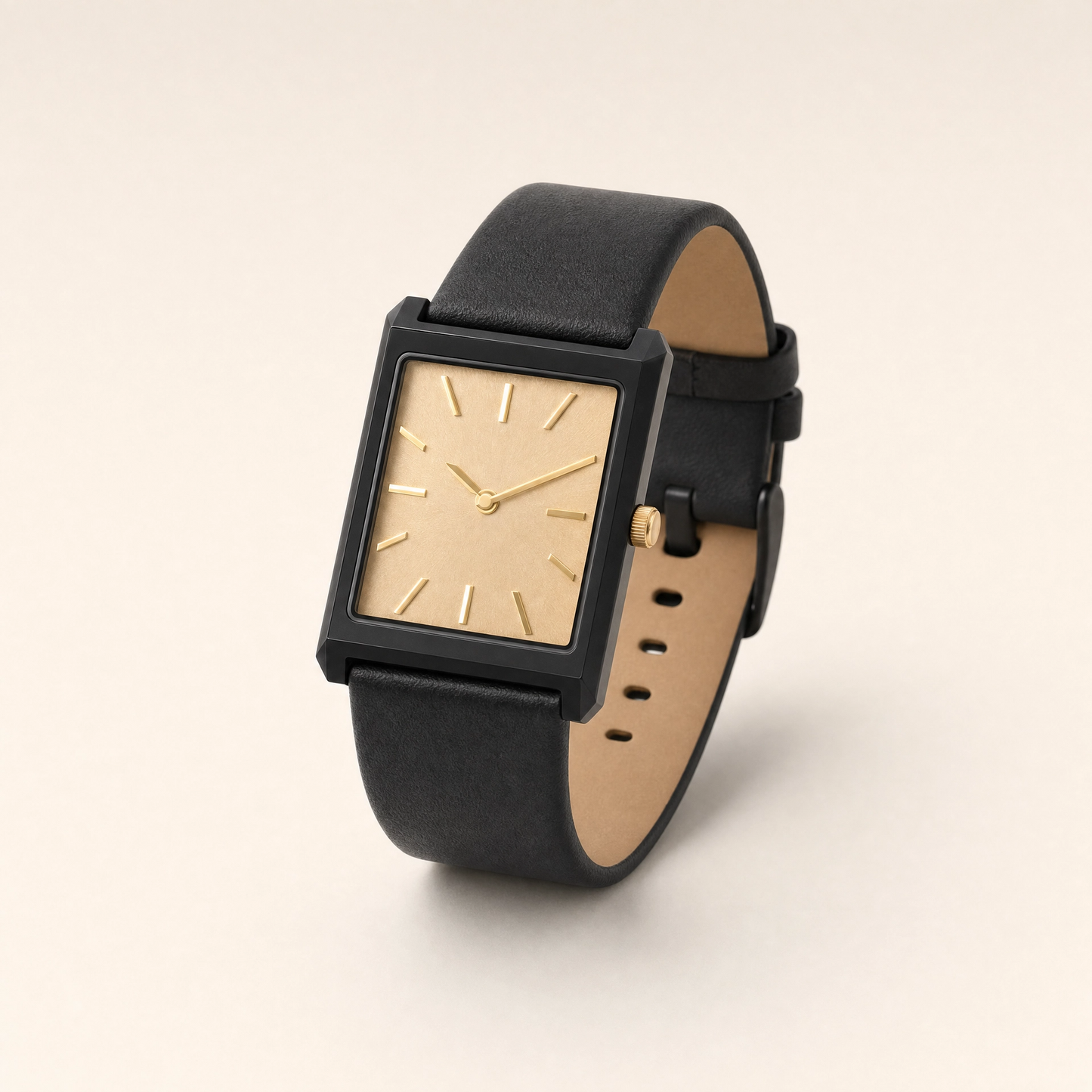 26mm Rectangular Quartz Watch with Black Leather Strap and Light Dial