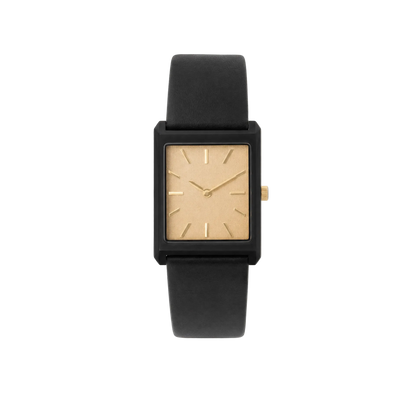 26mm Rectangular Quartz Watch with Black Leather Strap and Light Dial