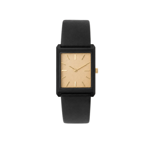 26mm Rectangular Quartz Watch with Black Leather Strap and Light Dial
